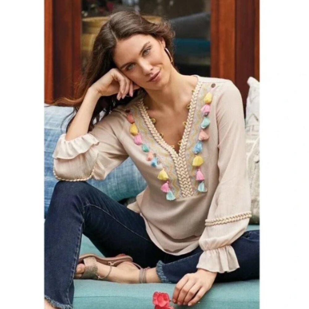 Soft Surroundings Clementine Pastel Tassels Metallic Braided Tunic Sz‎ Small